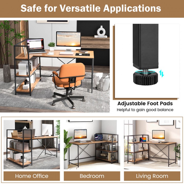 Reversible L-shaped computer corner workstation in walnut with 3-tier open shelf, ideal for home office or living room.